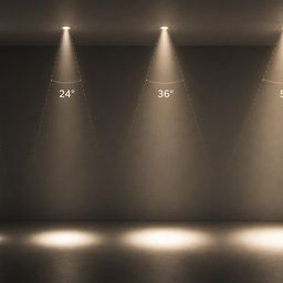 Варианты угла рассеивания света для встраиваемых светильников: 15°, 24°, 36° и 50°