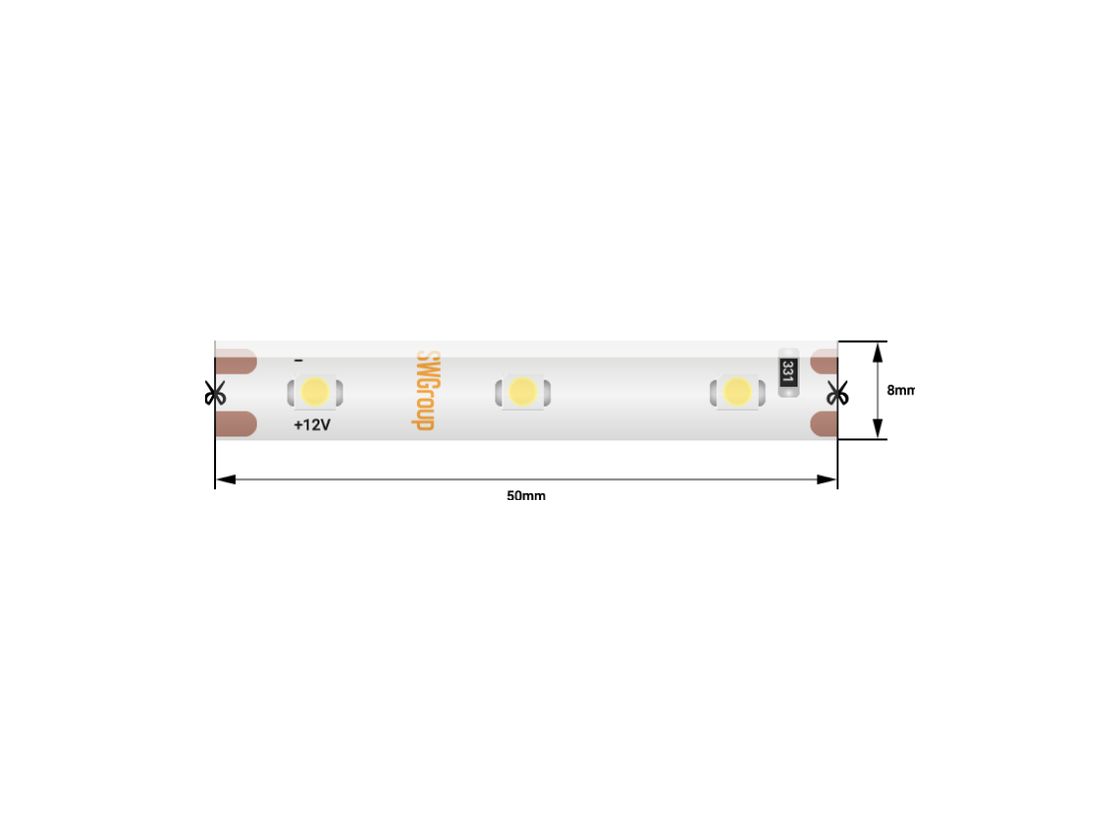 Фрагмент светодиодной ленты SMD3528 12В, желтый свет